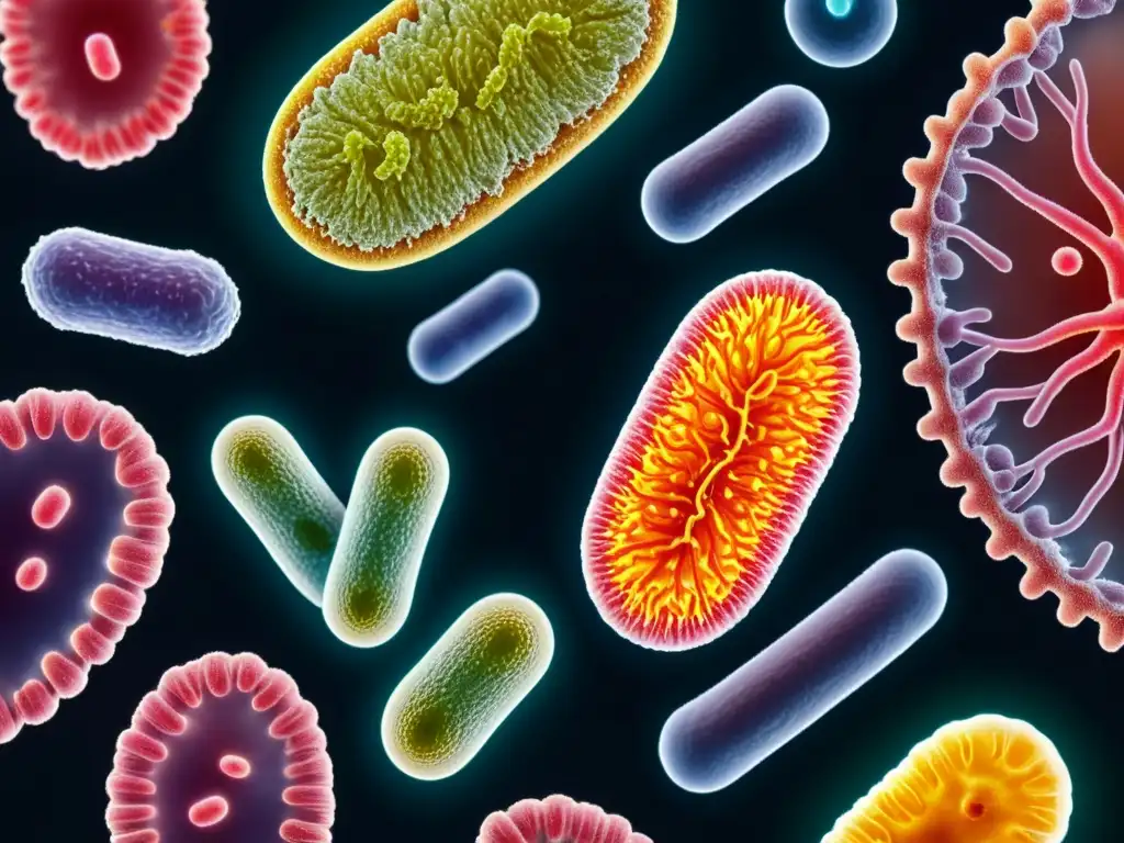 Una representación detallada y colorida de bacterias del microbioma, creando un paisaje vibrante