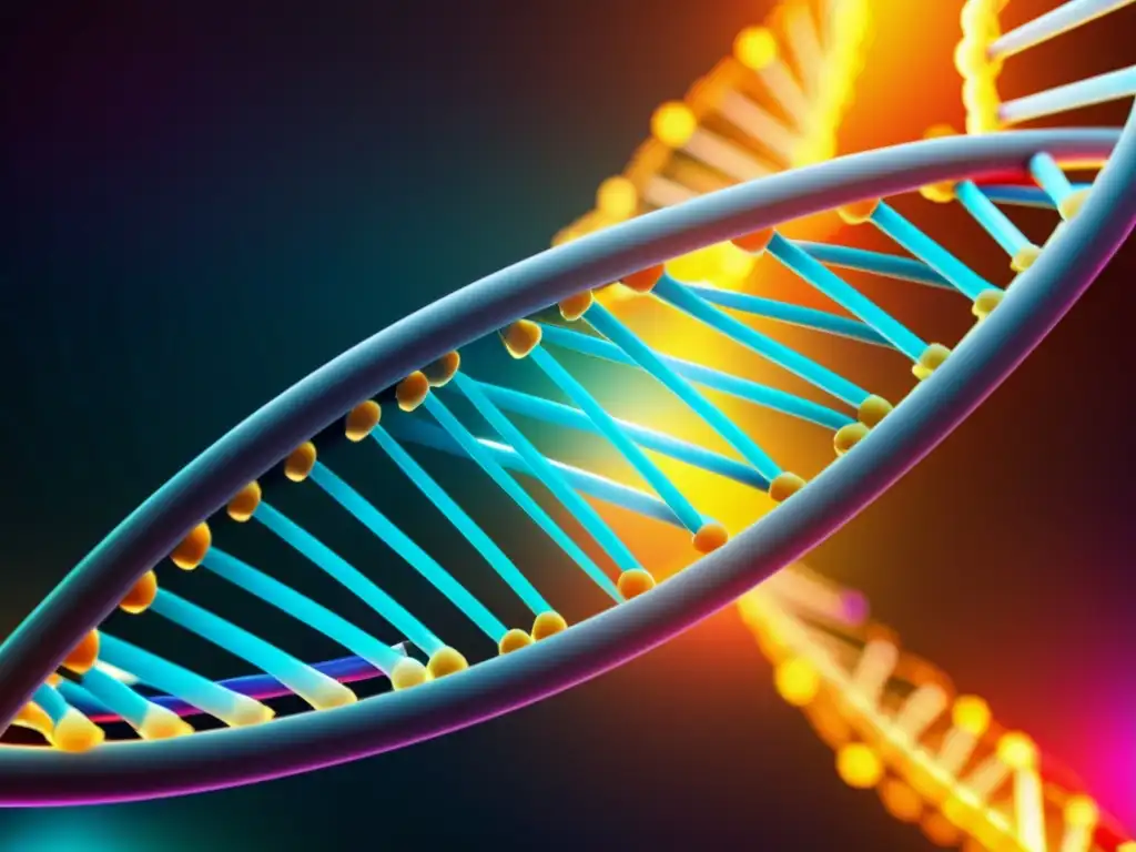 Una representación detallada y vibrante de la estructura de la doble hélice del ADN, con colores brillantes y resplandecientes que simbolizan el código genético