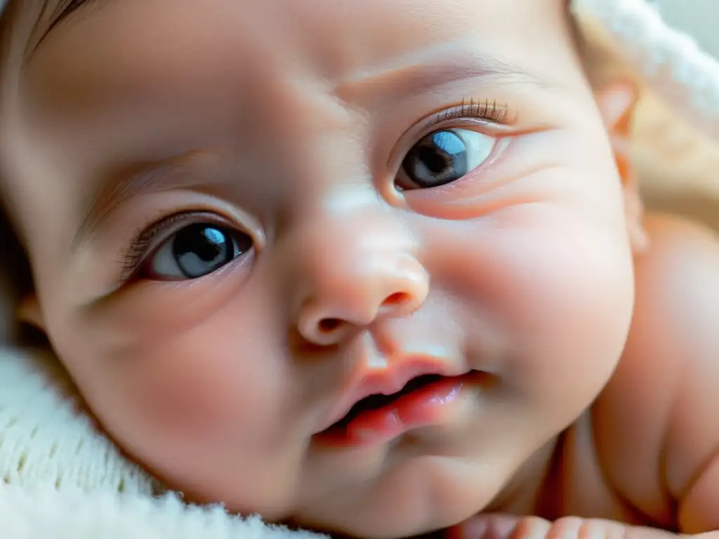 Retrato de un recién nacido con ojos brillantes, piel suave y delicadas pestañas