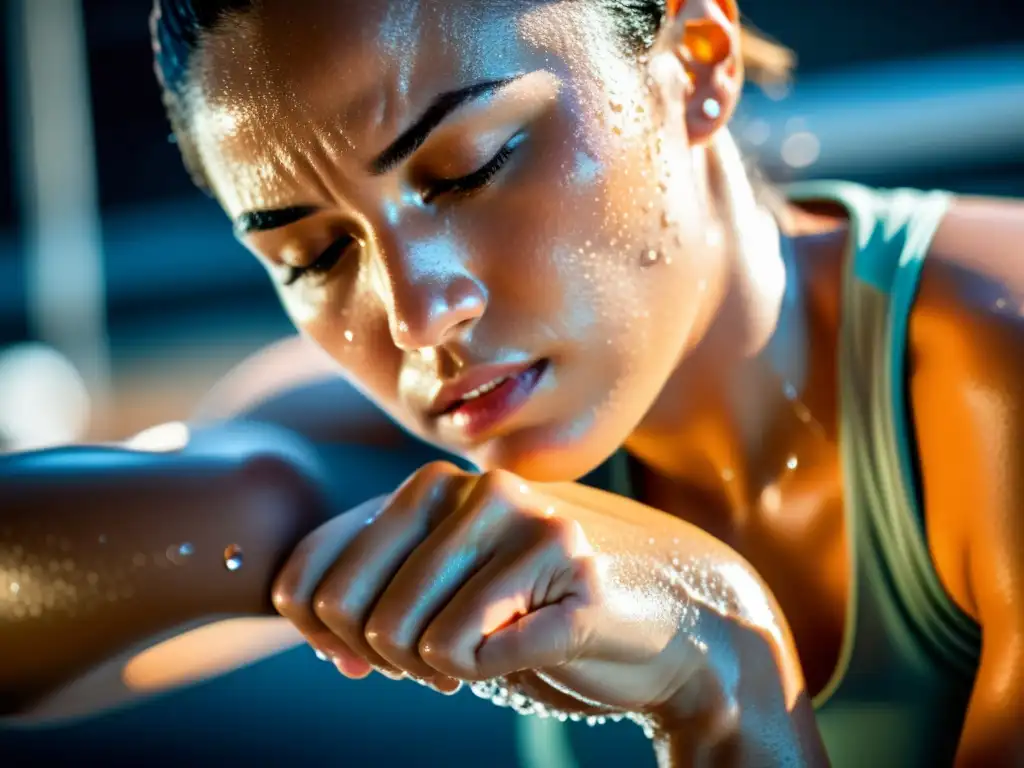 Un retrato de alta resolución de una persona ejercitándose, con gotas de sudor brillando en su piel