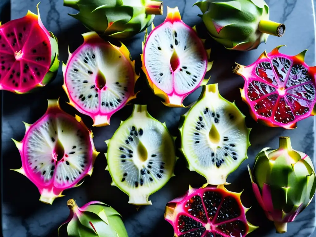 Rodajas vibrantes de pitahaya en un tablero de corte de mármol negro, destacando colores y patrones