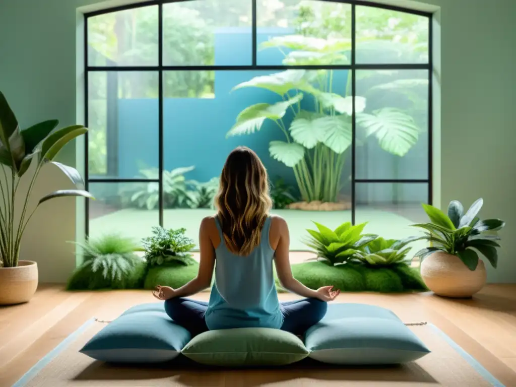 Una sala de meditación minimalista, con luz natural y plantas verdes, promueve los beneficios de la meditación para el sistema inmunológico