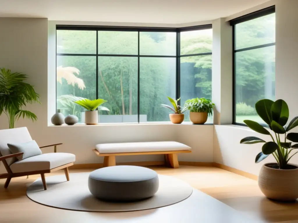 Una sala de terapia moderna y serena con amplias ventanas que dan a un jardín tranquilo