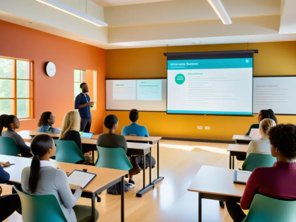 Salón de clases moderno y sereno con estudiantes diversos, participando en un curso de equilibrio perfecto del sistema inmunológico