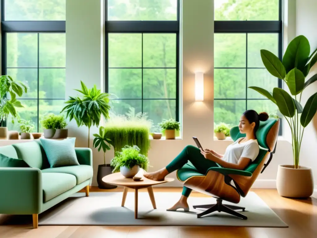 Salón moderno y sereno con luz natural, plantas verdes y muebles acogedores