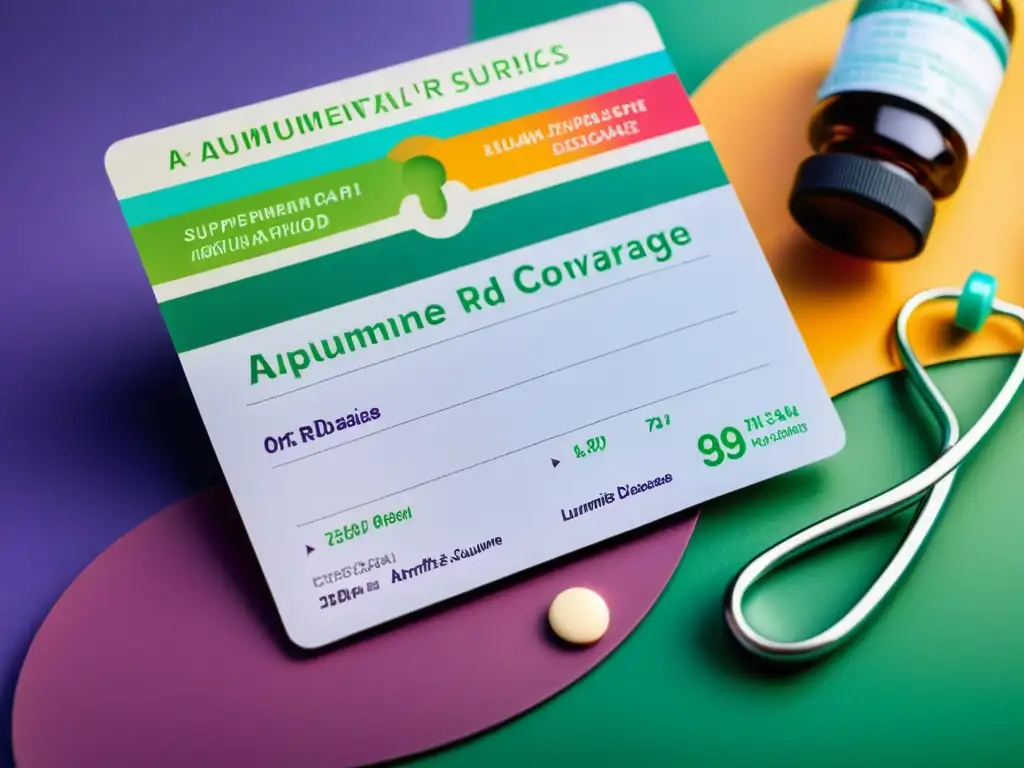 Un seguro médico completo para enfermedades autoinmunes con una tarjeta colorida, medicamentos y un fondo natural relajante