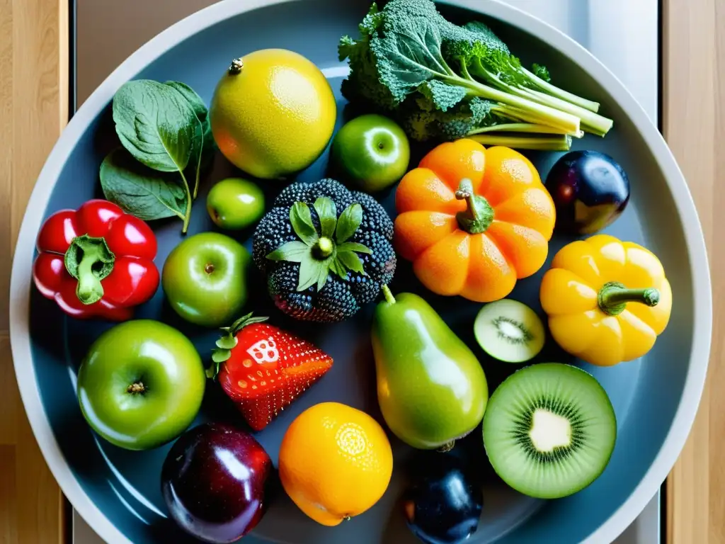 Una selección de frutas y verduras frescas y coloridas dispuestas en un patrón circular sobre una encimera de cocina moderna