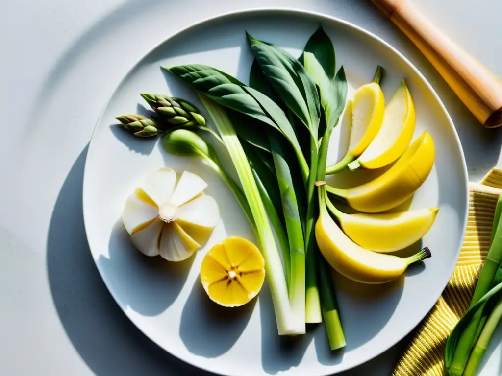 Una selección vibrante de alimentos prebióticos naturales en un elegante plato blanco, iluminados suavemente