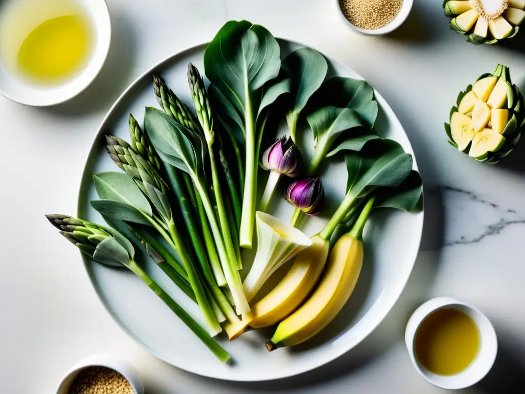 Una selección vibrante de alimentos ricos en prebióticos en un plato blanco minimalista