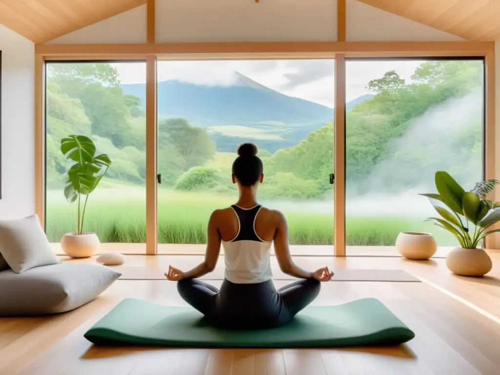 Una serena habitación de meditación con vista a la naturaleza