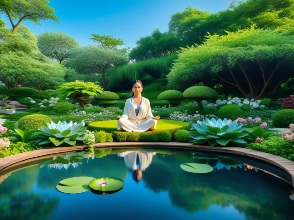 Jardín de meditación sereno con figura en profunda meditación, rodeada de luz, reflejando el cielo azul