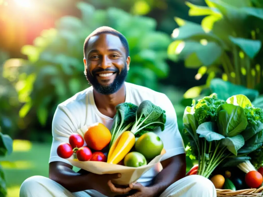 Anthony William en un jardín sereno, sosteniendo frutas y verduras