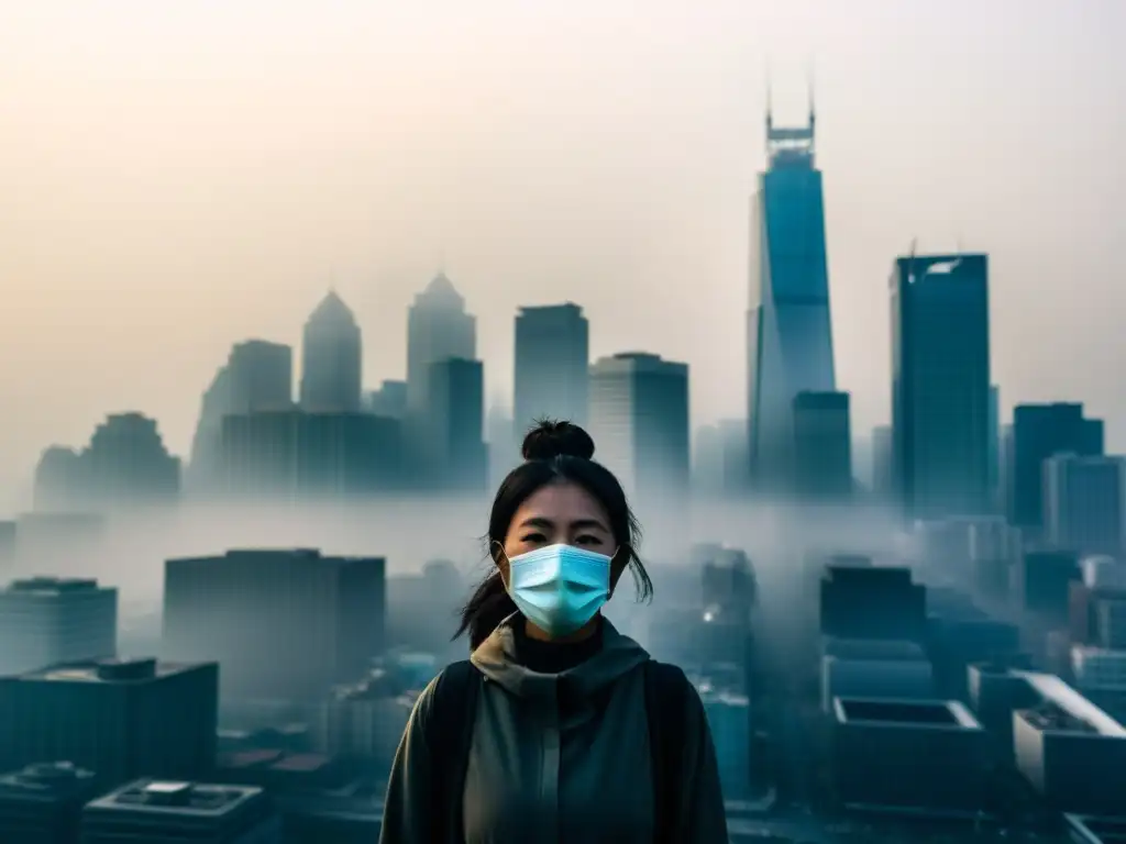 Silueta de la ciudad moderna envuelta en espesa capa de smog, con edificios parcialmente ocultos