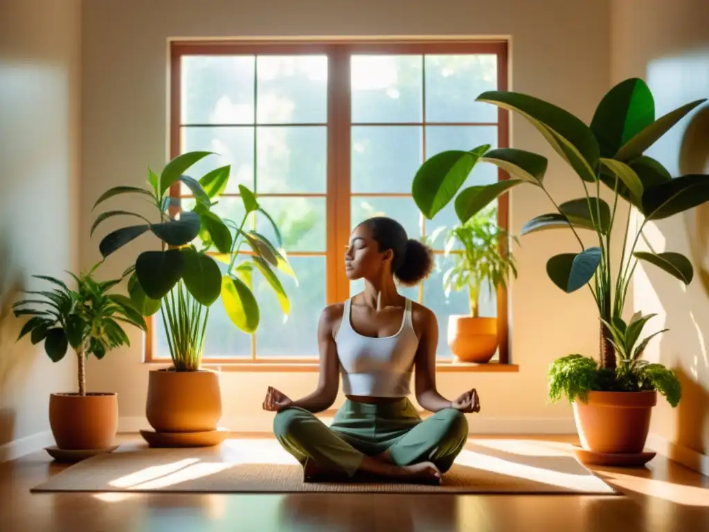 Practicando mindfulness para fortalecer sistema inmunológico en un espacio sereno con plantas y luz solar