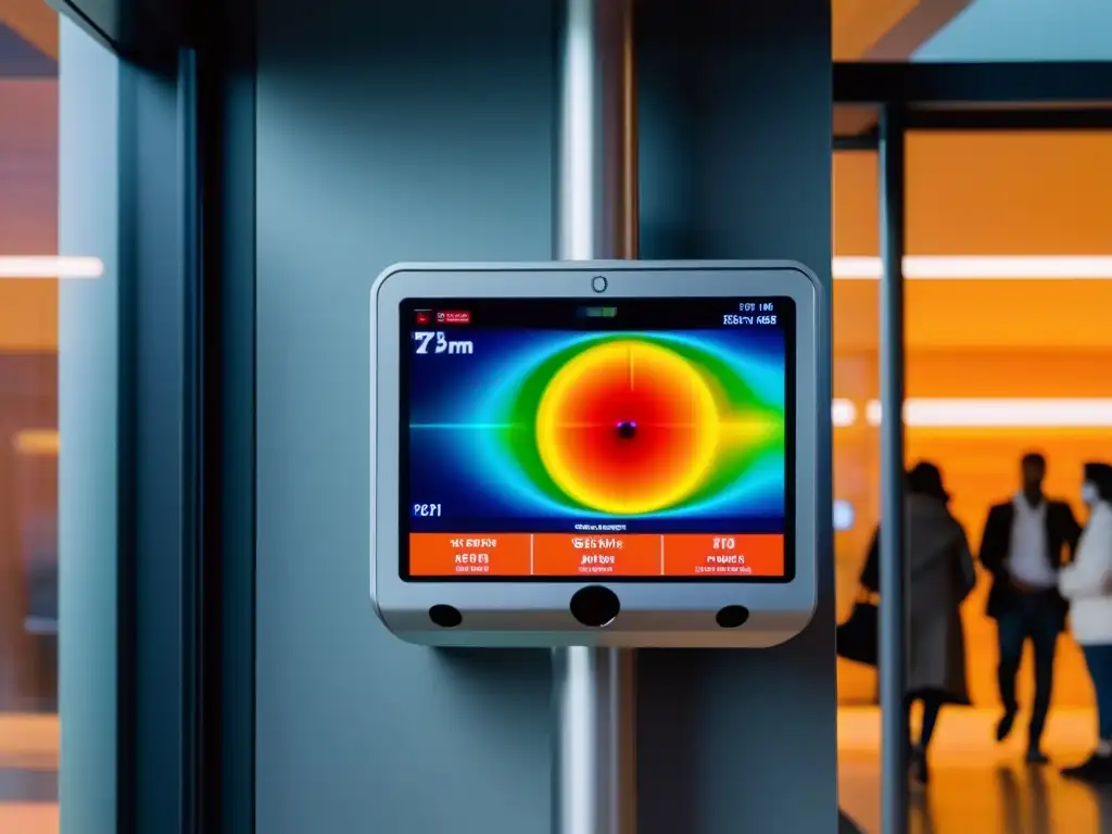 Sistema inmunológico humano y cámaras termográficas: Imagen de una cámara termográfica moderna y eficiente en la entrada de un edificio, mostrando temperaturas corporales en tiempo real y un mapa de calor