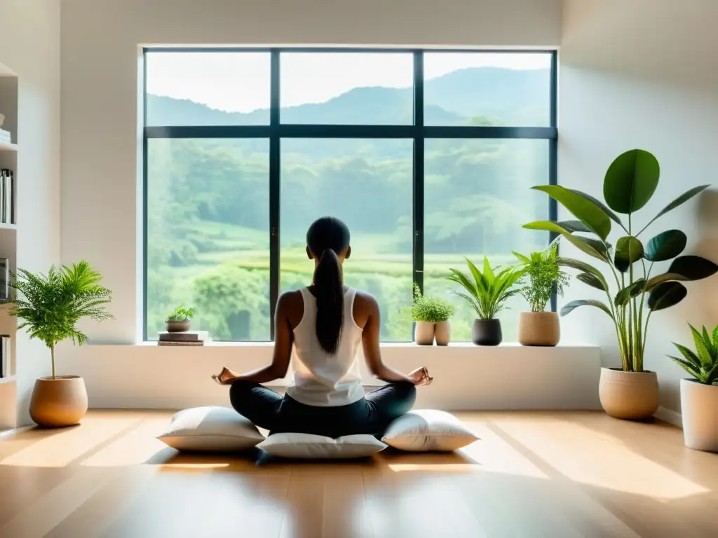 Sistema inmunológico humano y meditación: Espacio de trabajo sereno con vista a la naturaleza, persona meditando entre plantas y luz natural