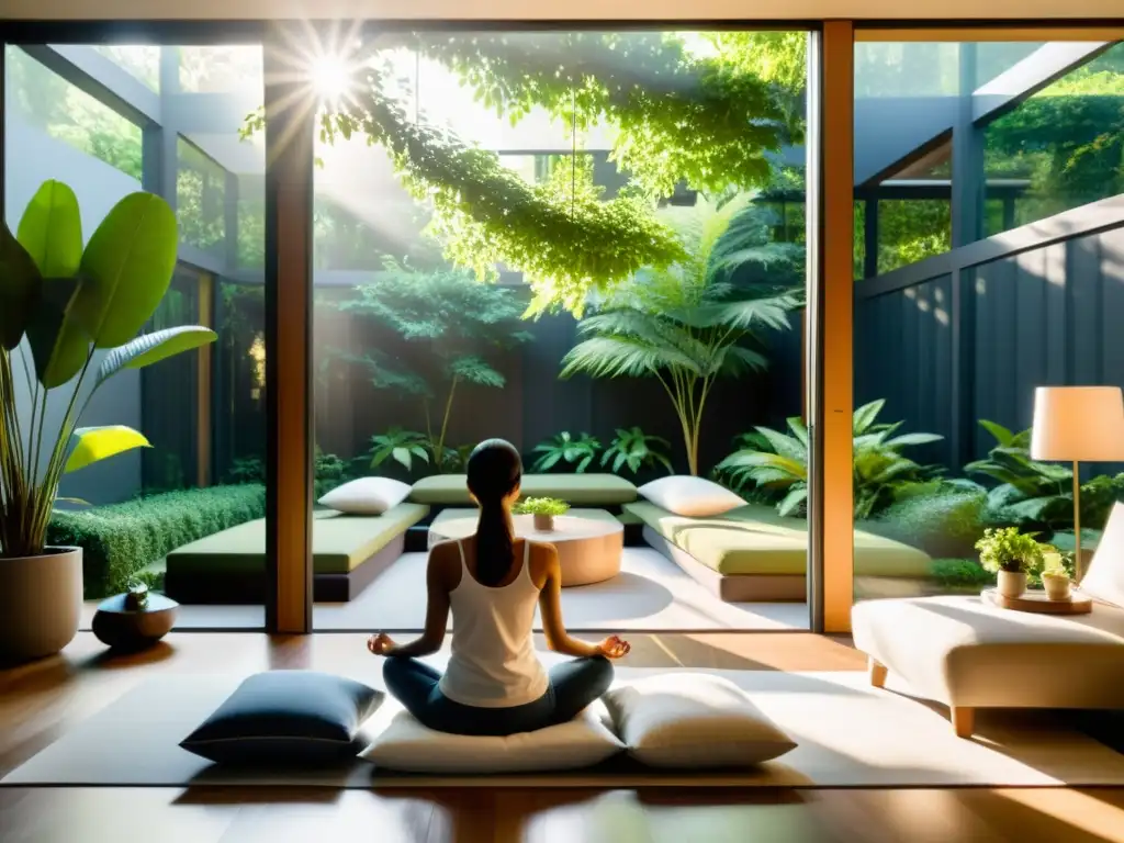 Sistema inmunológico humano y meditación: Persona meditando en un salón moderno con vistas a un jardín exuberante y tranquilo, bañado por luz suave