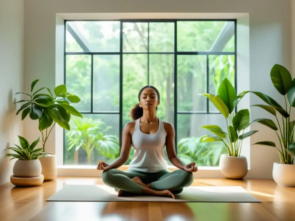 Sistema inmunológico y mindfulness: Persona meditando en un espacio minimalista con plantas, luz natural y serenidad