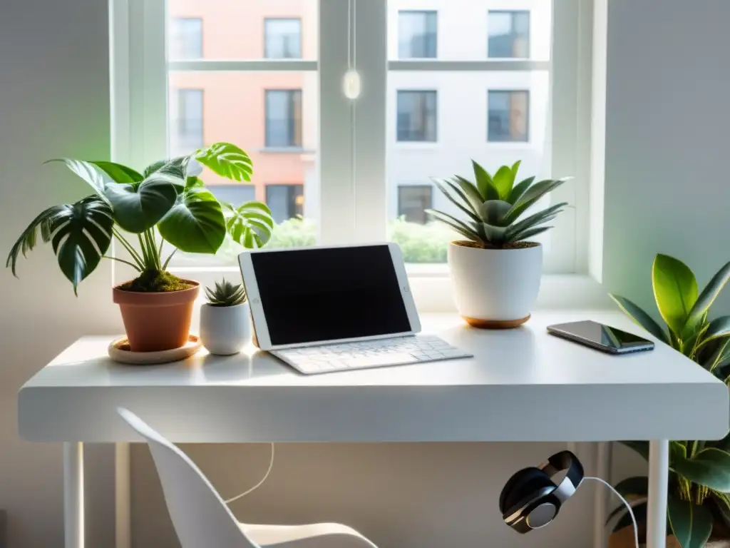 Sistema inmunológico saludable: espacio de trabajo minimalista con escritorio blanco y plantas, ideal para desconectar de la tecnología