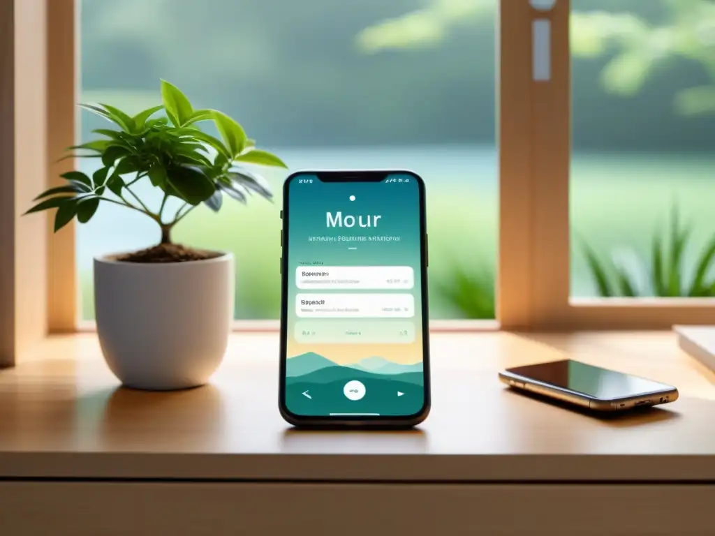 Un smartphone muestra una app de mindfulness con colores relajantes y una interfaz minimalista, en un ambiente sereno y contemporáneo