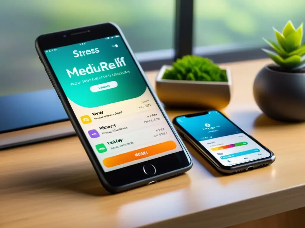 Smartphone con apps para manejar estrés laboral en oficina moderna