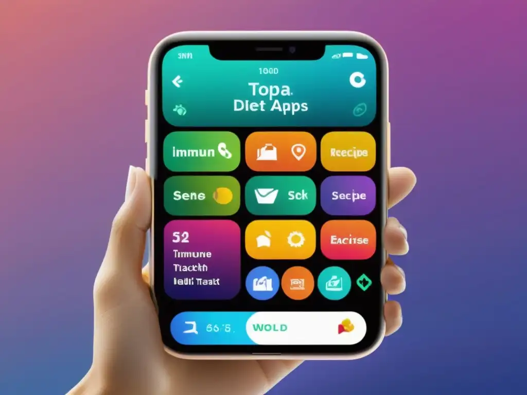 Smartphone con apps saludables para sistema inmunológico: recetas, ejercicios y seguimiento de salud, en tonos verdes y azules vibrantes