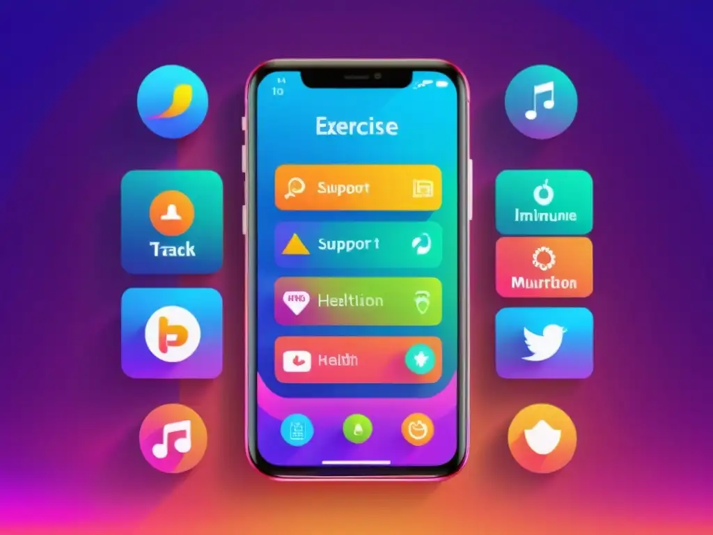 Smartphone con apps para fortalecer sistema inmunológico, ofrece herramientas de salud y bienestar en una interfaz moderna y colorida