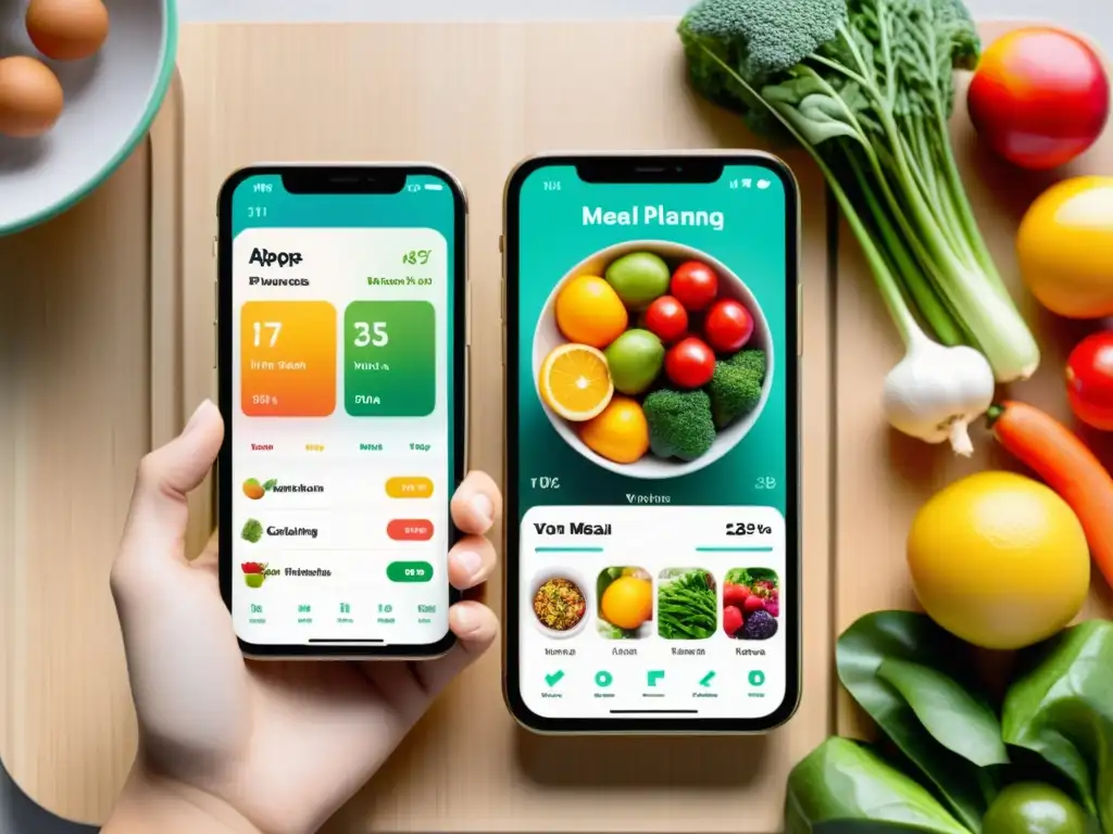 Un smartphone moderno muestra una app de nutrición y planificación de comidas