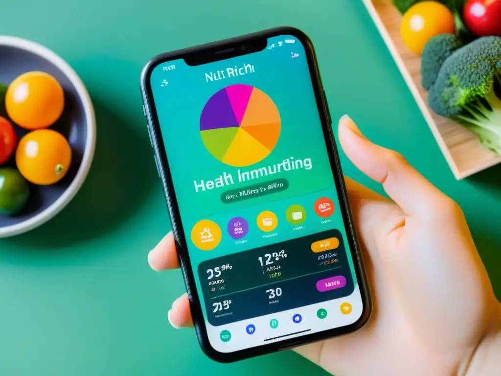 Un smartphone moderno muestra una app de salud y nutrición con alimentos vibrantes y seguimiento personalizado