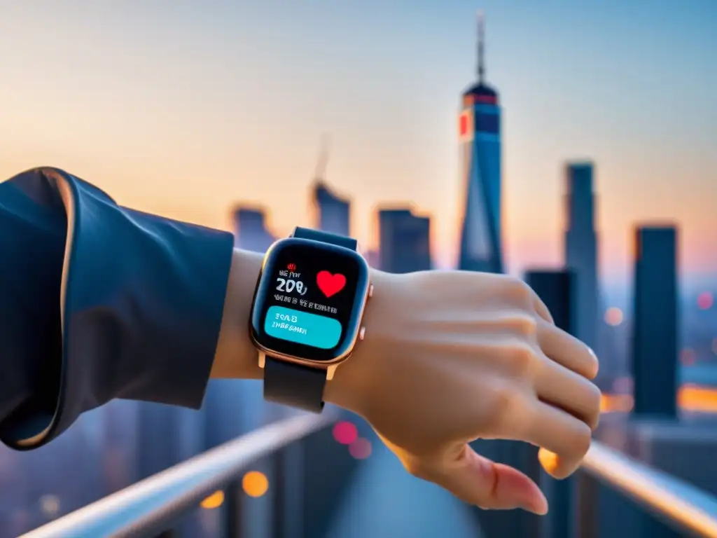 Un smartwatch elegante muestra métricas de salud en una ciudad futurista, destacando su papel en la mejora de la inmunidad