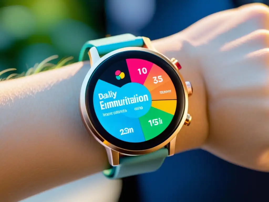 Un smartwatch moderno muestra datos detallados de la ingesta nutricional diaria y recomendaciones dietéticas personalizadas