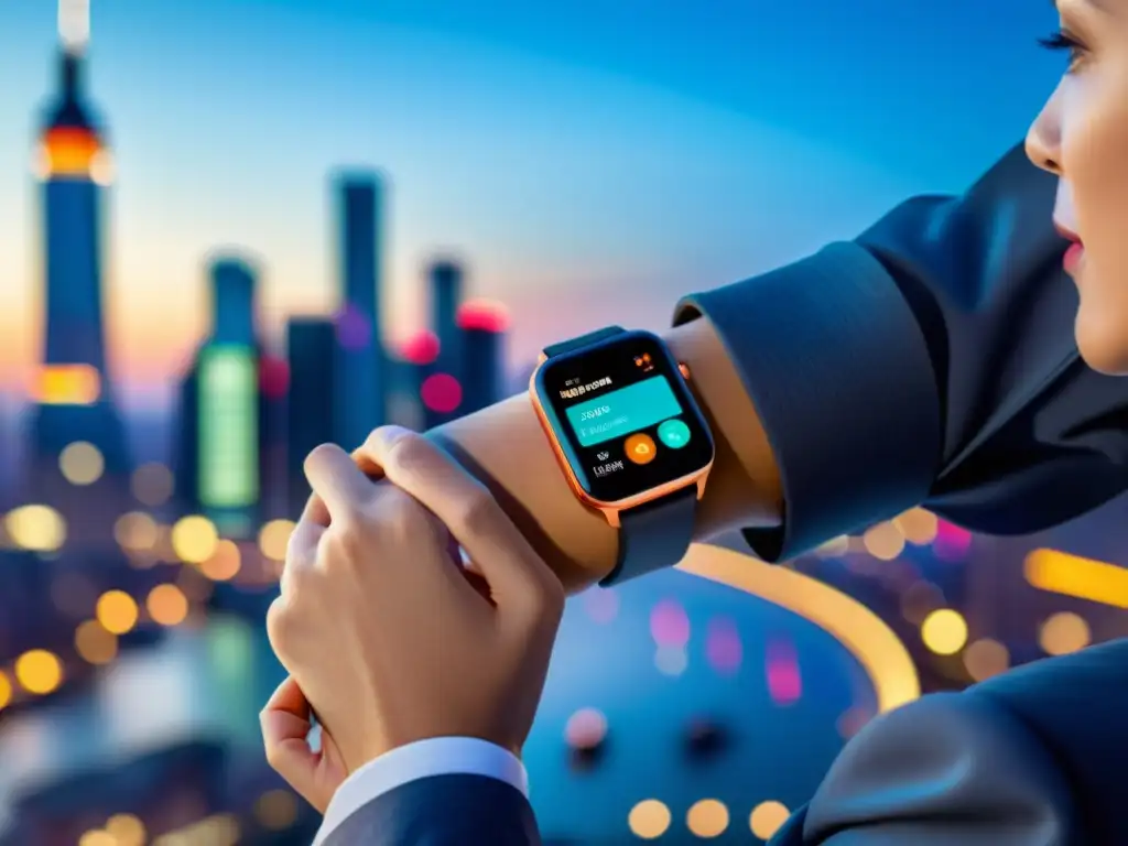 Un smartwatch moderno muestra datos de salud e inmunología en una ciudad futurista