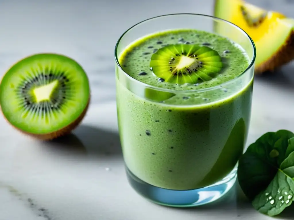 Un smoothie verde refrescante y vibrante con kiwi, espinacas y semillas de chía en un vaso de cristal sobre una encimera de mármol