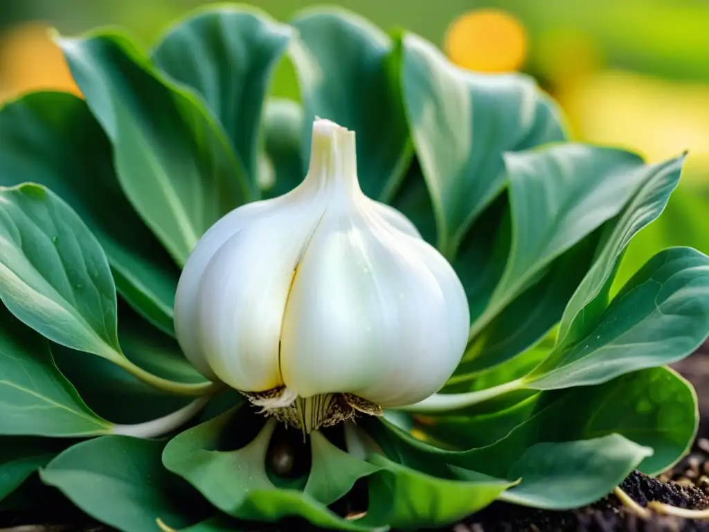 Un solo bulbo de ajo rodeado de vegetales verdes, bañado por la luz del sol