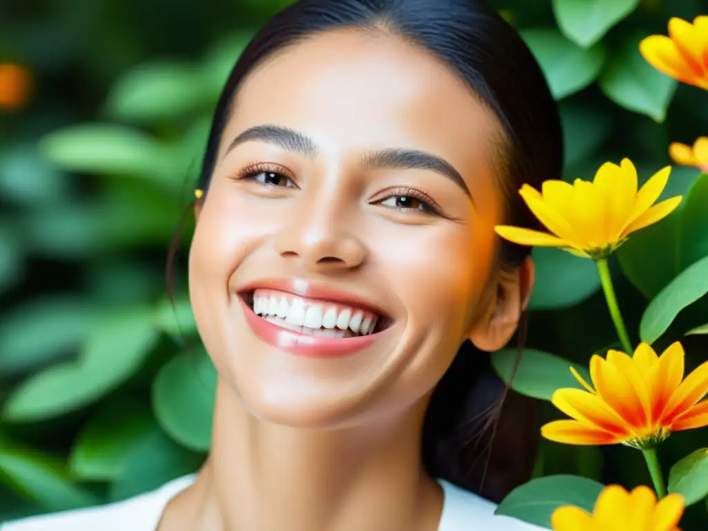 Una sonrisa radiante entre la naturaleza, evocando salud bucal y sistema inmunológico