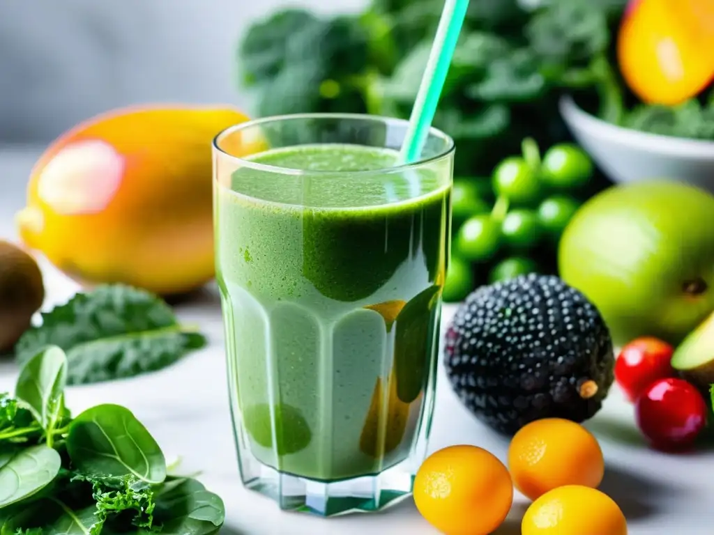 Un suculento batido verde se vierte en un vaso, rodeado de frutas y verduras frescas con gotas de agua