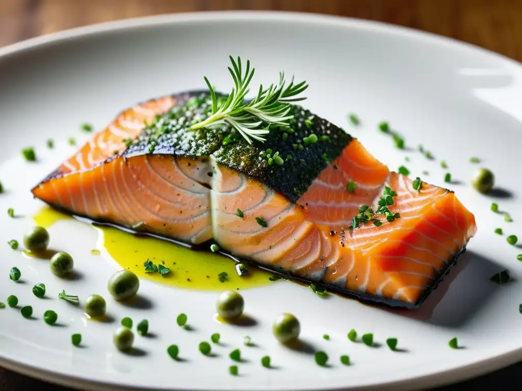 Un suculento filete de salmón rico en Omega 3, adornado con hierbas verdes y colocado en un plato blanco impecable