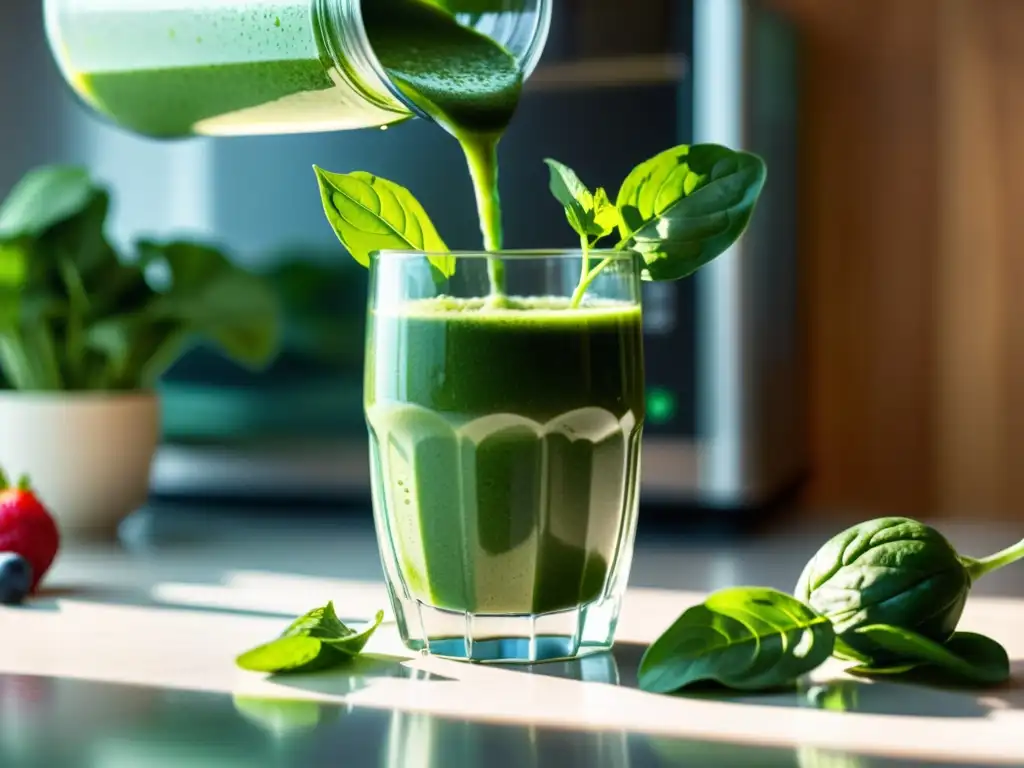 Un suculento smoothie verde se vierte en un vaso sobre una encimera moderna, bañado por la cálida luz del sol