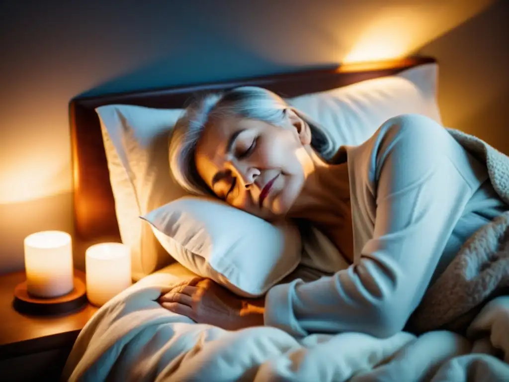 Sueño reparador y sistema inmune ancianos: Persona mayor durmiendo plácidamente en una cama acogedora, iluminada por la suave luz de la luna