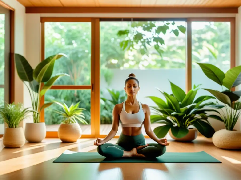 Talleres online para gestionar estrés: Persona meditando en un espacio minimalista y tranquilo, rodeada de plantas y luz natural