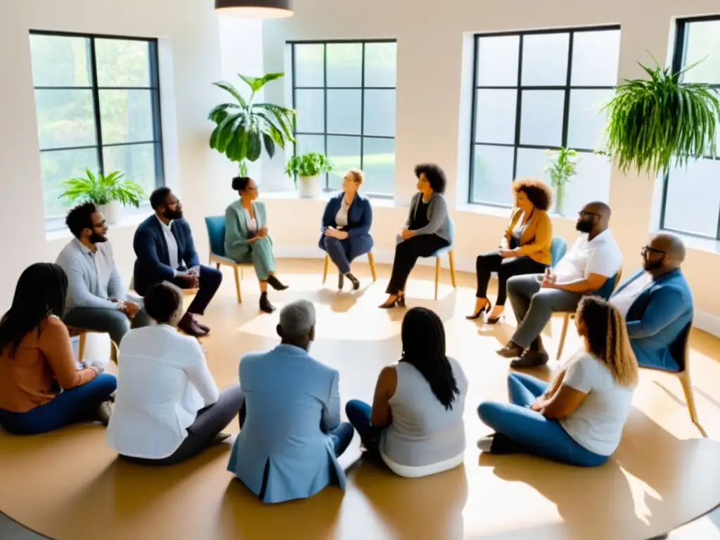 Talleres para fortalecer sistema inmune: Personas diversas participan en un workshop, compartiendo ideas en un espacio lleno de luz y plantas