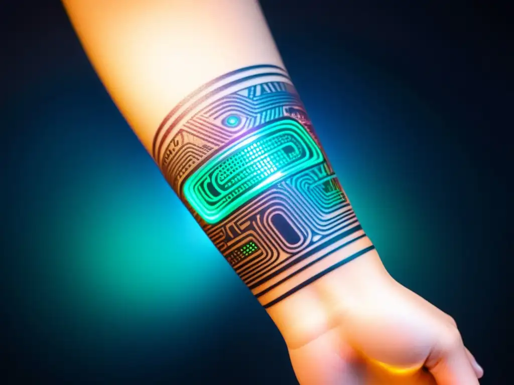 Un tatuaje temporal de alta tecnología con diseño futurista de circuitos y sensores, en un entorno de avanzada