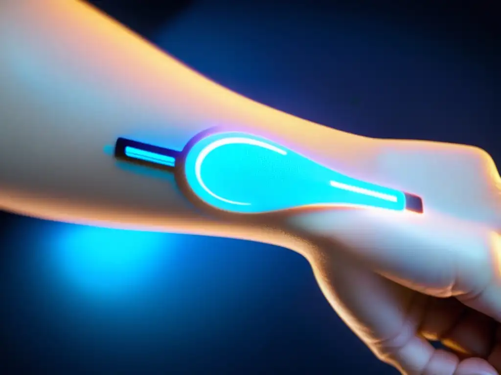 Un tatuaje temporal de alta tecnología iluminado en azul se fusiona con la piel de un antebrazo, simbolizando el monitoreo de la salud inmunológica