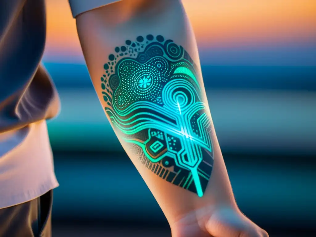 Un tatuaje temporal futurista en el antebrazo con patrones de circuitos brillantes y sensores, en un entorno de laboratorio avanzado