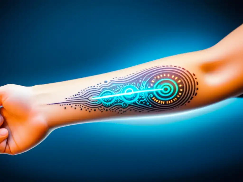 Un tatuaje temporal hightech en el antebrazo muestra diseños futuristas y patrones bioluminiscentes que monitorean la salud inmunológica