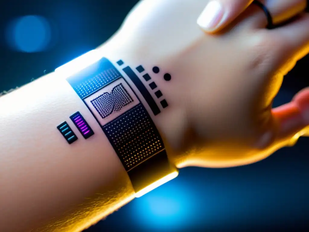 Un tatuaje temporal de monitoreo de salud inmunológica con diseño futurista y tecnología avanzada integrada en la piel