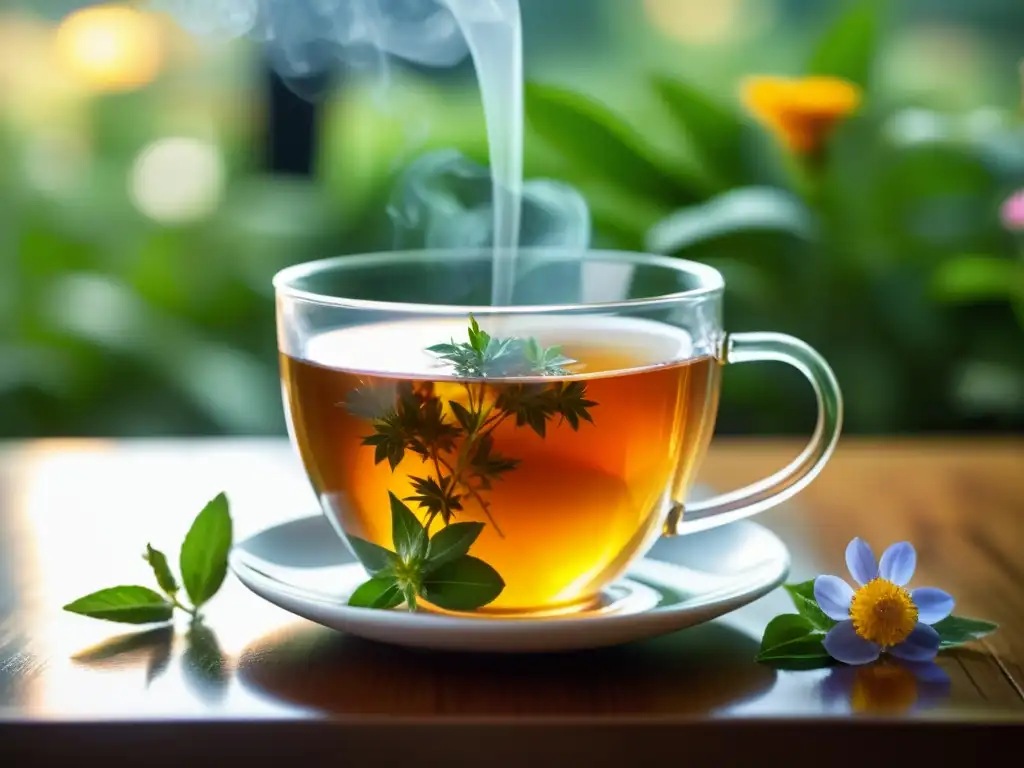 Una taza de té de hierbas para fortalecer sistema inmunológico, con vapor y hojas verdes en infusor, crea atmósfera etérea y cálida