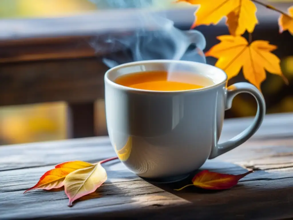 Una taza moderna llena de té de jengibre humeante, rodeada de hojas otoñales vibrantes en una mesa de madera rústica