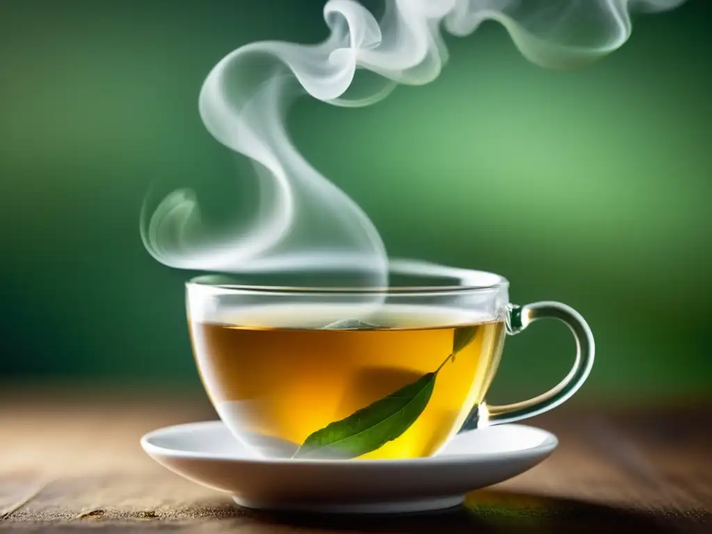 Una taza de té verde humeante, con delicadas volutas de vapor, resalta su vibrante color