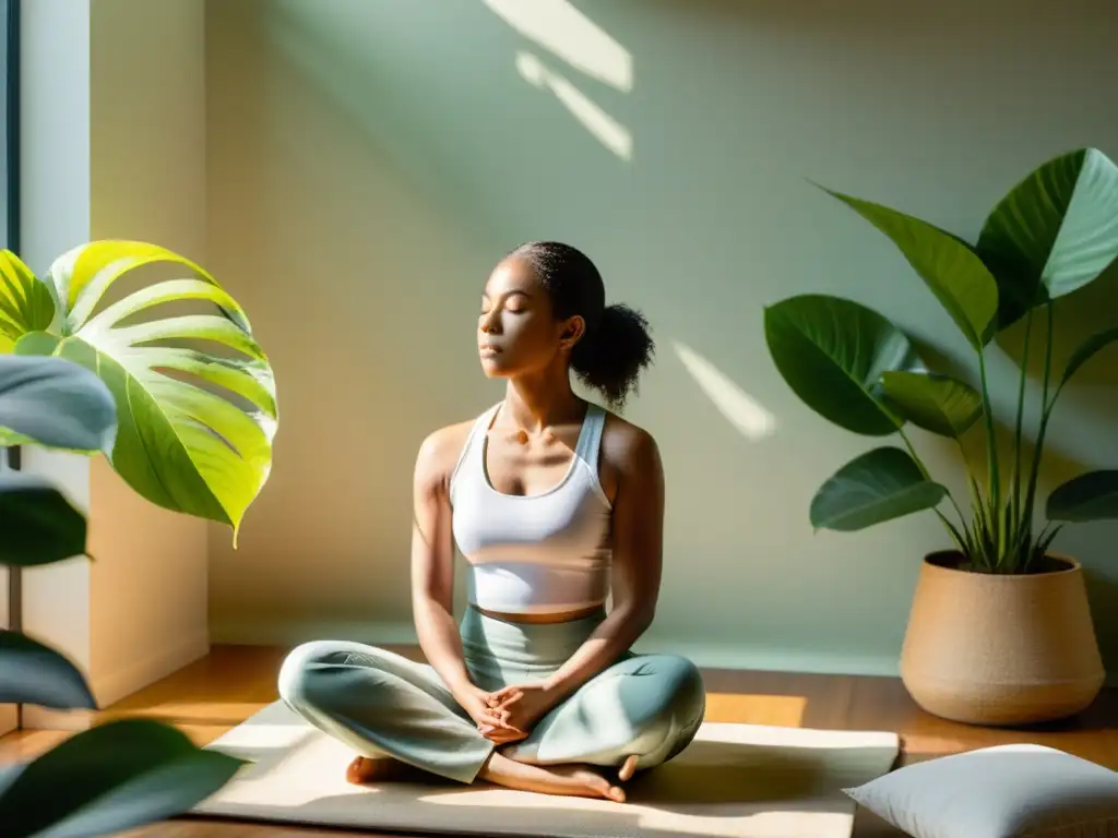 Técnicas avanzadas para gestionar estrés: Meditador en un ambiente sereno, rodeado de vegetación, meditando en postura calmada